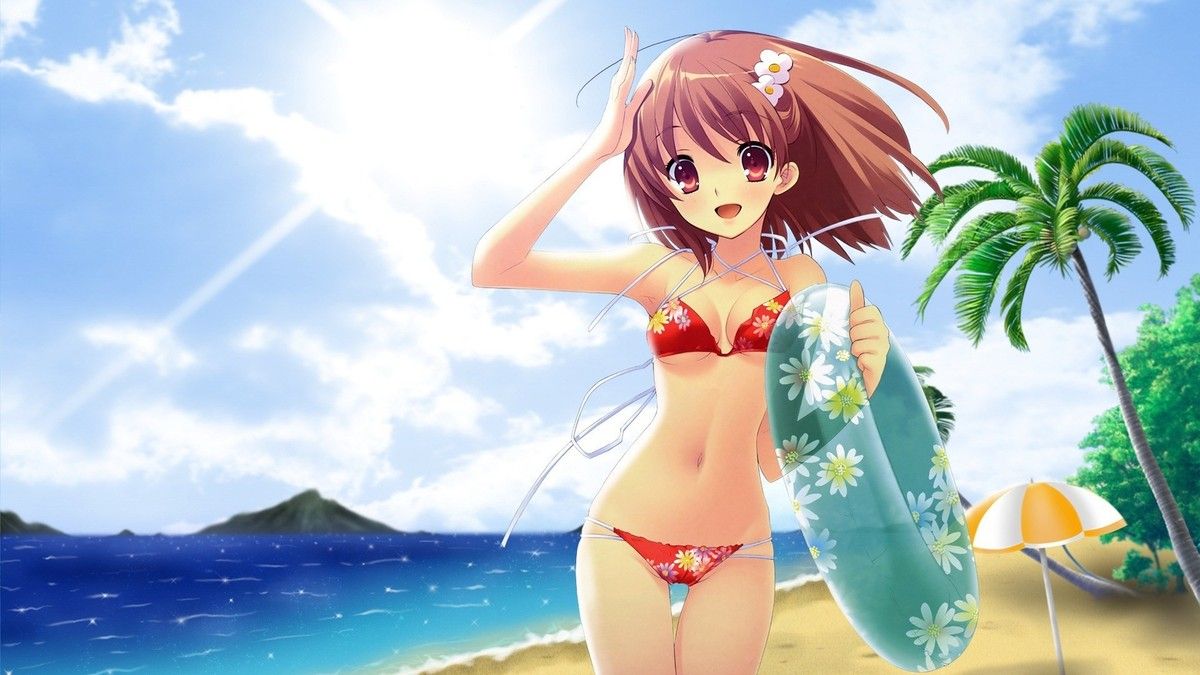 1200x675 Anime girls women bikini red beach sea palm trees Playmat Gaming Mat Desk