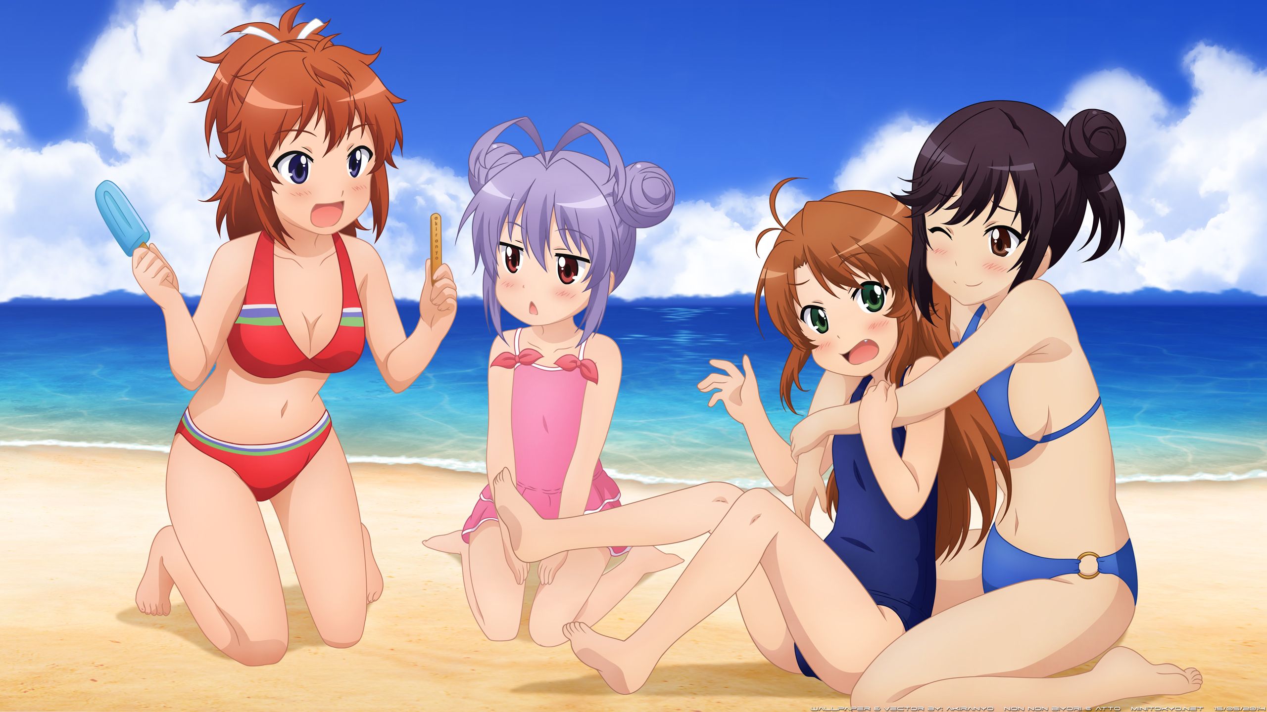 2560x1440 Desktop wallpaper: Swimsuit, Bikini, Anime, Non Non Biyori, Black Hair, Blush, Brown Eyes, Brown Hair, Green Eyes, Hotaru Ichijou, Hug, Ice Cream, Komari Koshigaya, Long Hair, Natsumi Koshigaya, Purple Eyes, Purple Hair