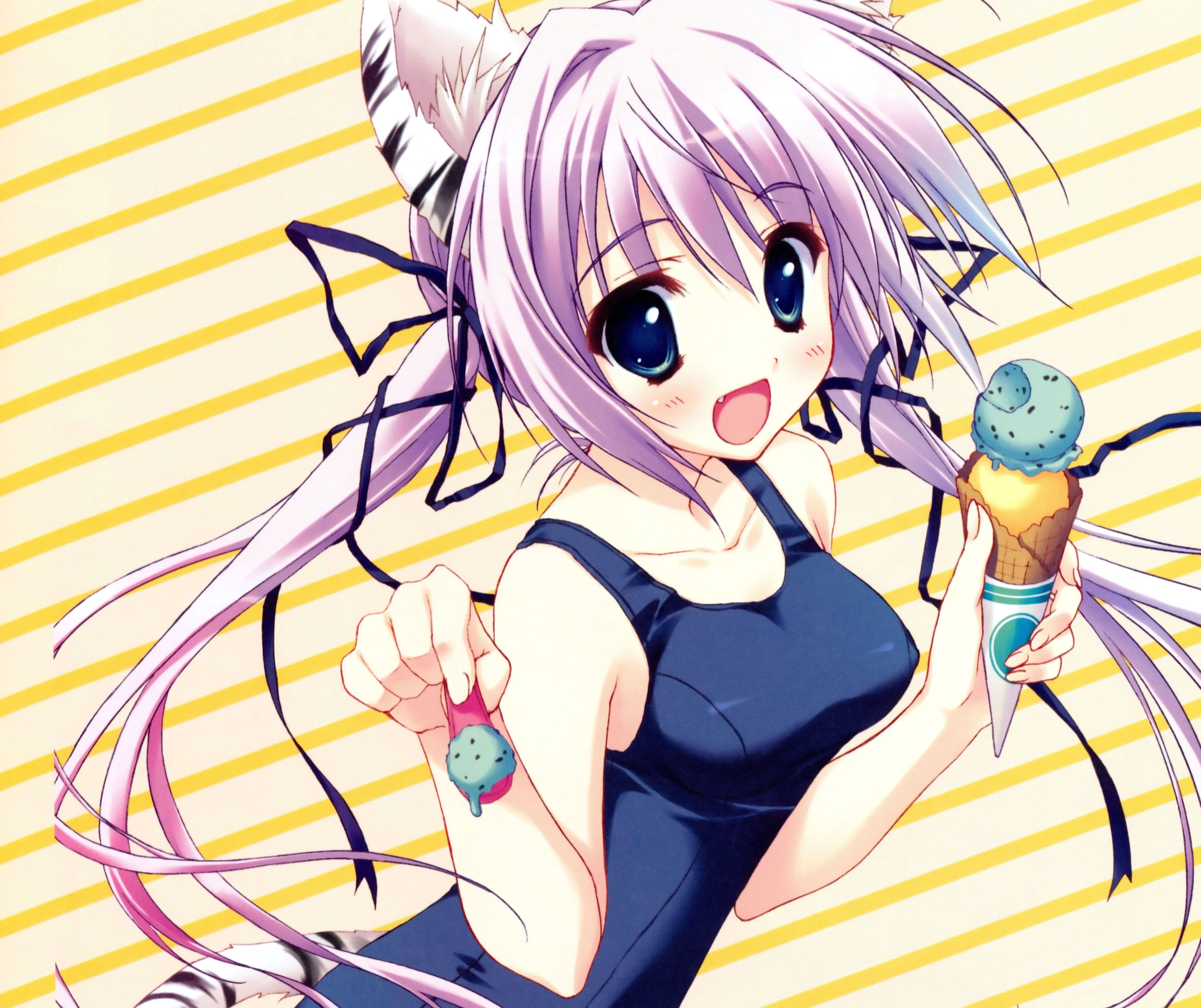 4384x3680 Desktop wallpaper: Anime, Original, Blue Eyes, Cat Girl, Ice Cream, Smile, Swimsuit, Twintails 4K free download for PC. 844680