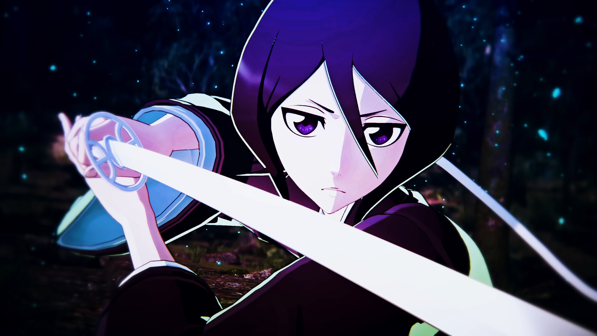1920x1080 closed mouth, women with swords, hair between eyes, face, looking at viewer, purple hair, Bleach, Kuchiki Rukia, anime girls, video game art, BLEACH Rebirth of Souls, anime, sword, wide sleeves, long sleeves