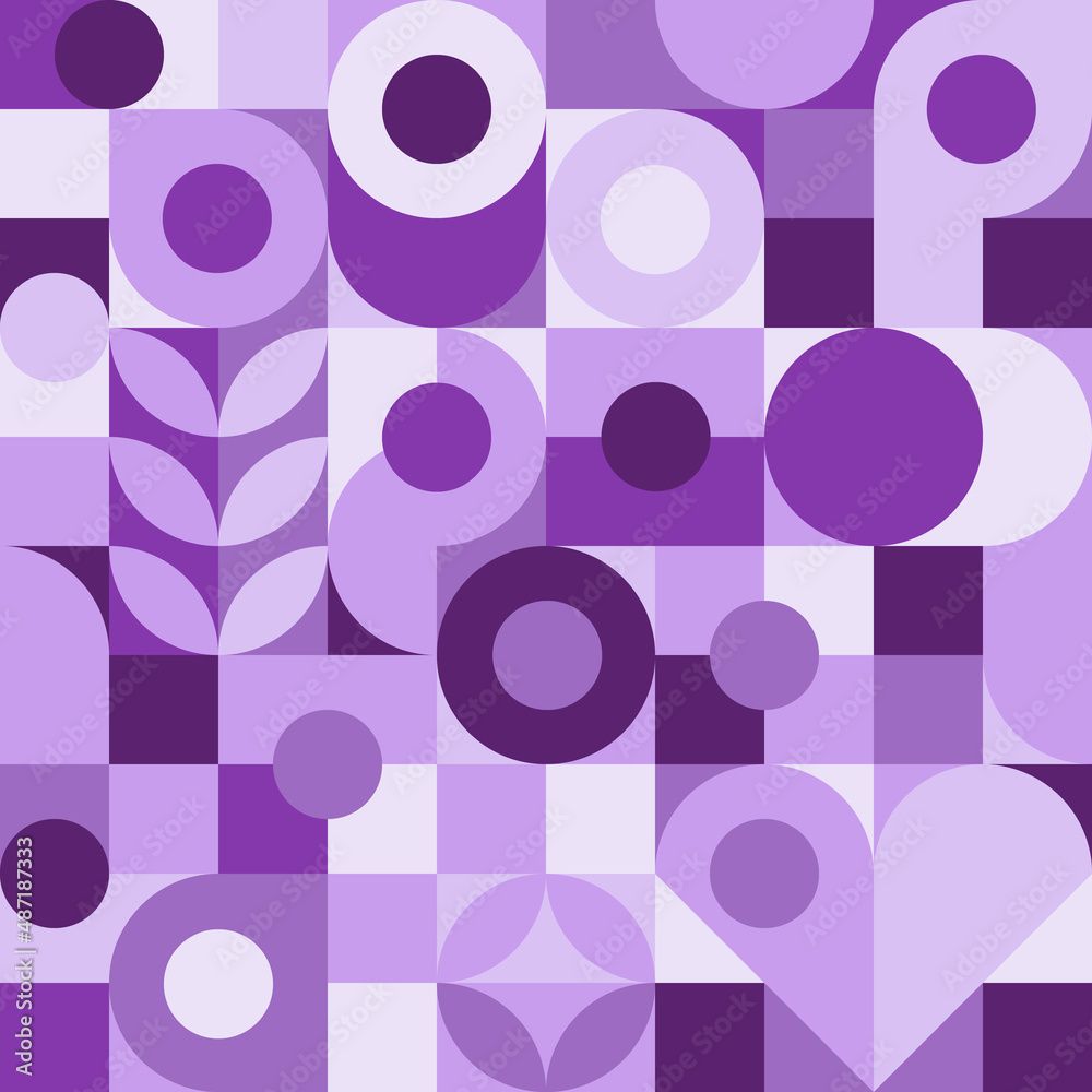 1000x1000 Purple Background With Circles In Trendy Scandinavian Style, Geometric Shapes On Modern Background For Wallpaper Or Textile. Lilac Shades Of Trendy Color With Mosaic Seamless Texture. Stock Vektor