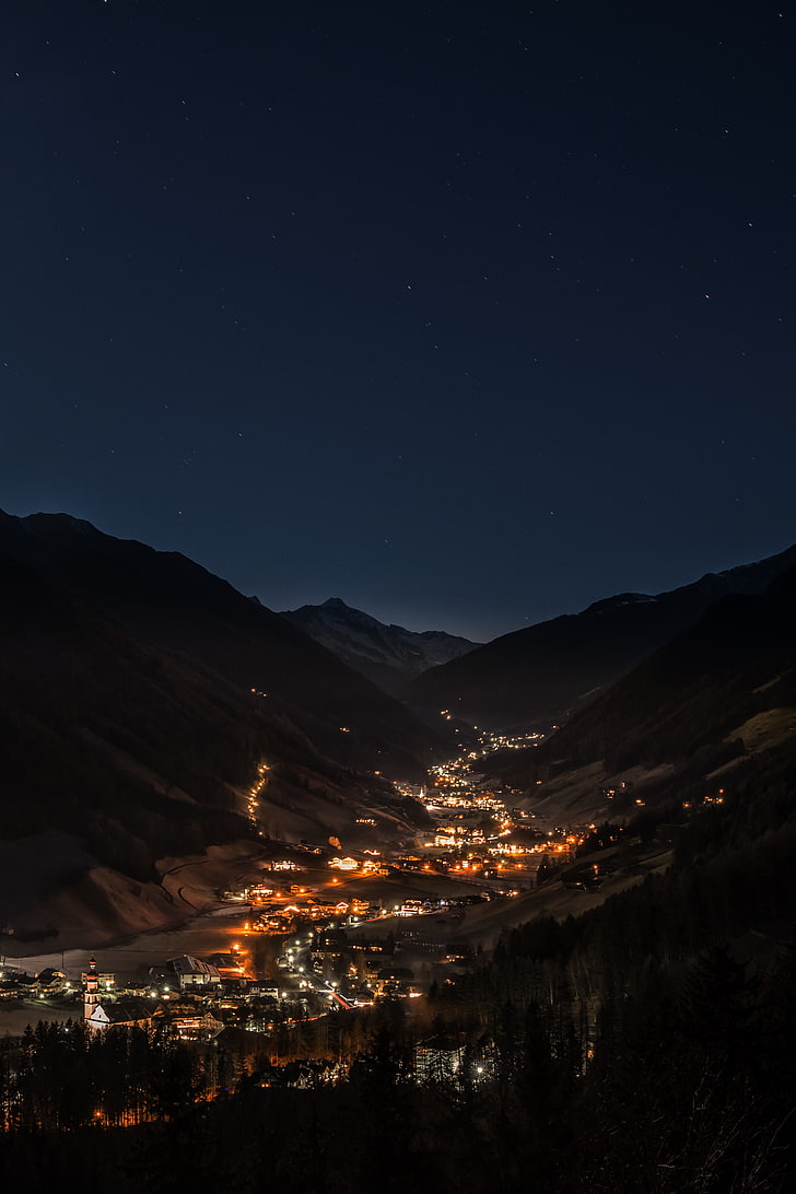 728x1092 HD wallpaper: lights near hills photography, mountains, night, building, sky