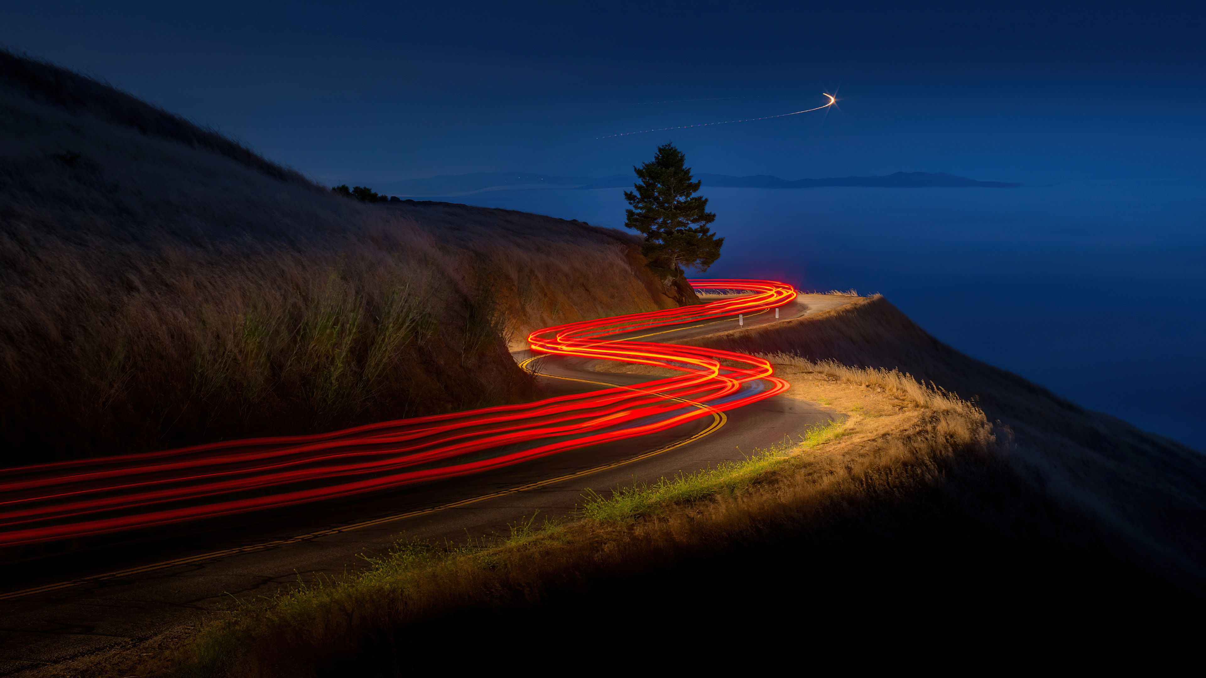 3840x2160 Time Lapse Night Road Mountain Blue Sky Background 4K HD Photography Wallpaper