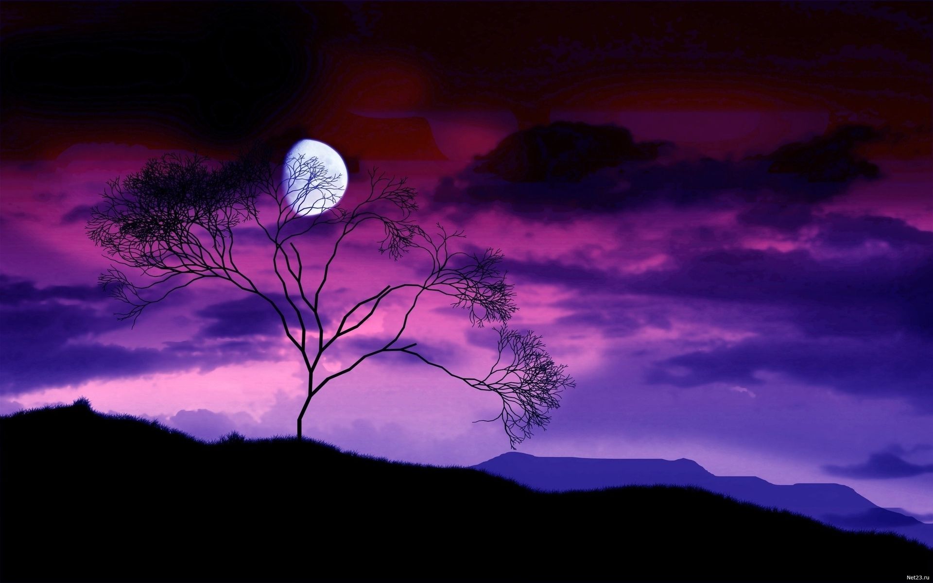1920x1200 art, Nature, Landscapes, Hills, Mountains, Sky, Clouds, Night, Dusk, Moon, Purple Wallpaper HD / Desktop and Mobile Background