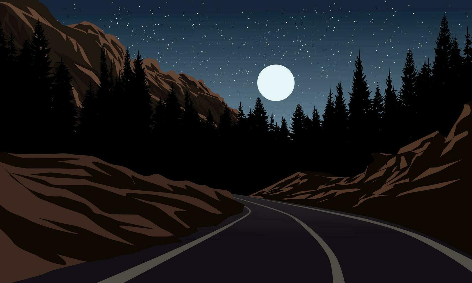 1633x980 Nighttime in forest with road, hill, moon and stars