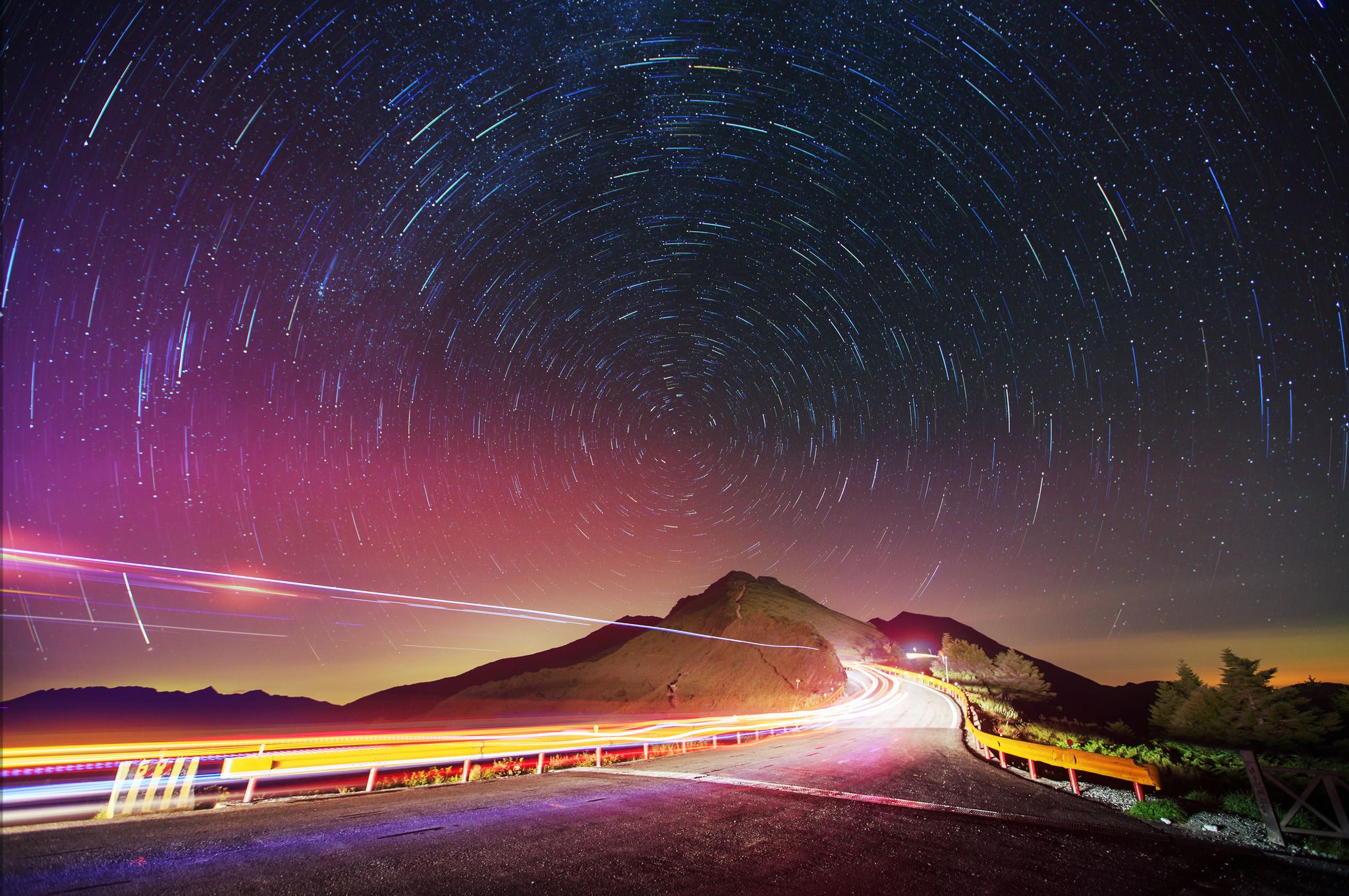 2048x1361 nature, Landscape, Night, Hill, Road, Traffic Lights, Stars, Long Exposure, Trees, Sky, Star Trails Wallpaper HD / Desktop and Mobile Background