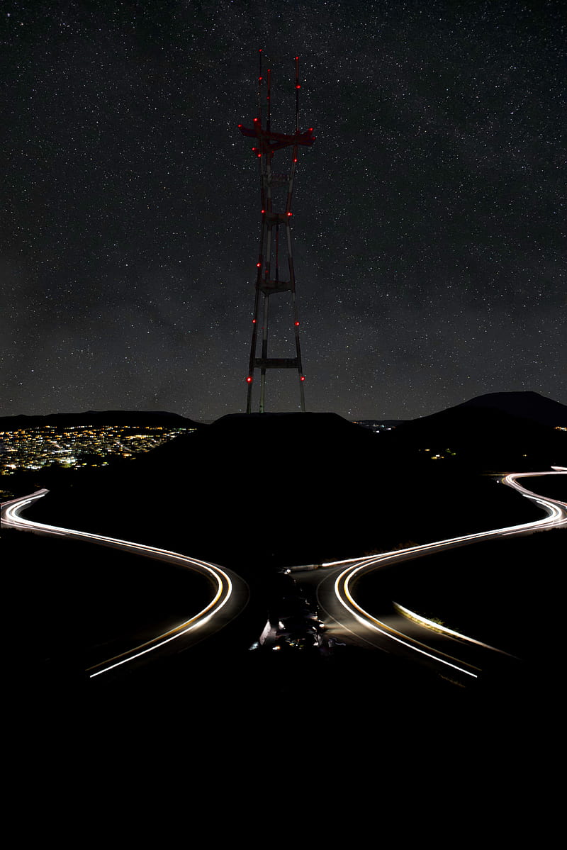 800x1199 Hill, tower, night, lights, road, dark, HD phone wallpaper