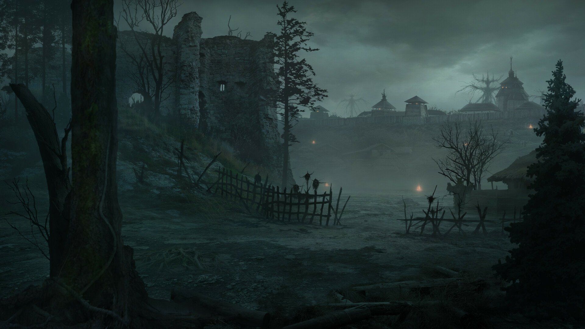 1920x1080 Haunting Shadows: Dark Village Landscape HD Wallpaper