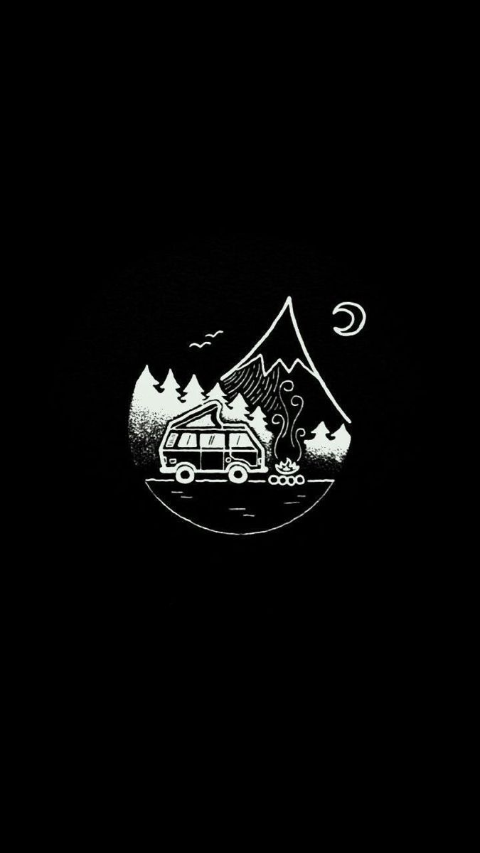 675x1200 Camper at Night Wallpaper. Black and white camping art, Camping trip inspiration, Camping van illustration