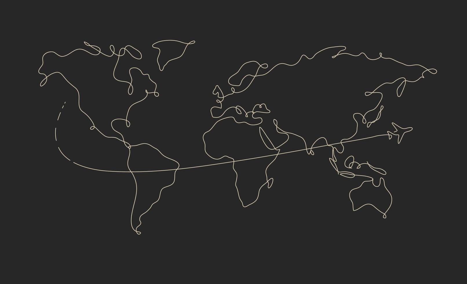 1612x980 World map pen line plane travel drawing on black background