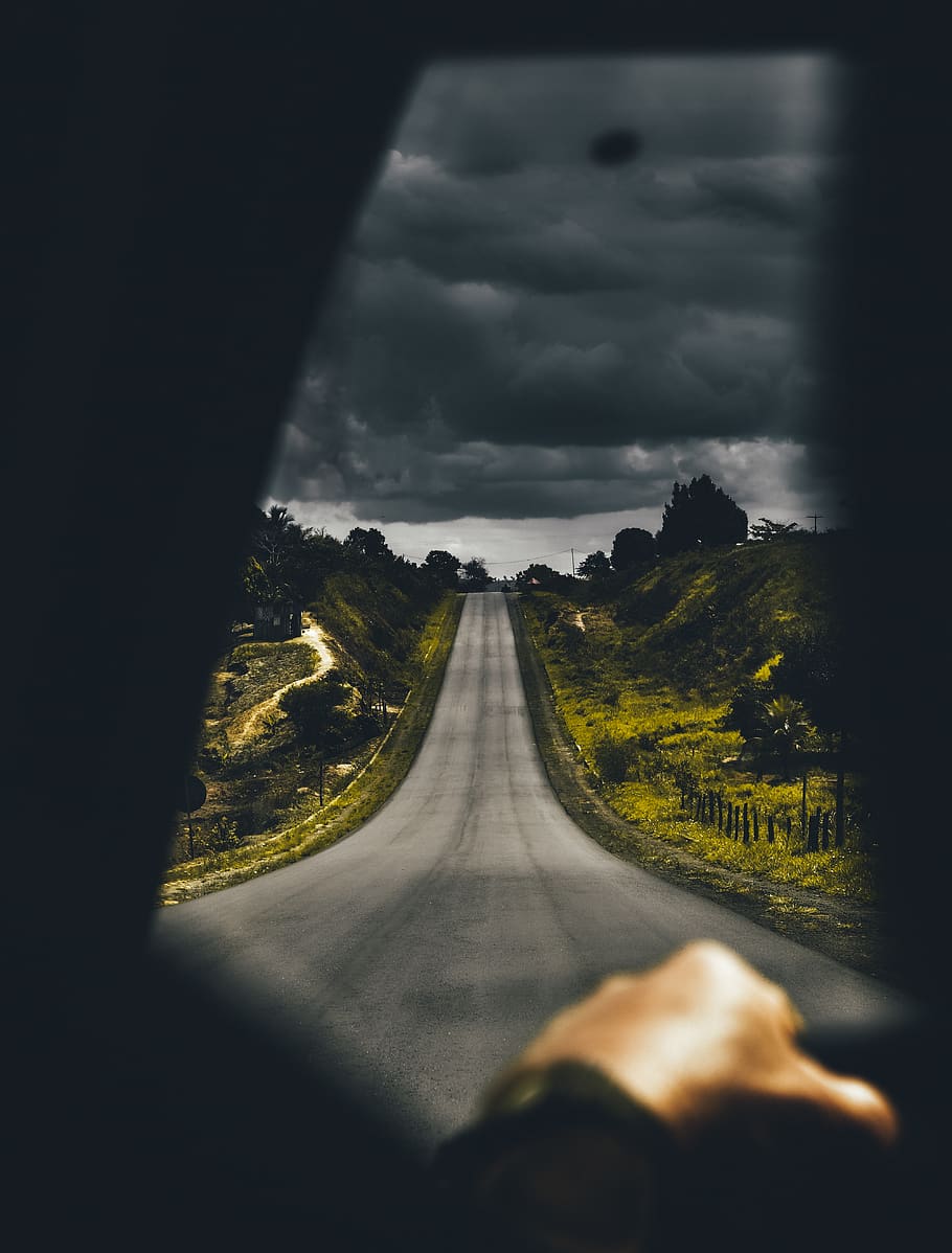 910x1198 HD wallpaper: Highway Near Trees Under Cloudy Sky, adventure, car, clouds, dark