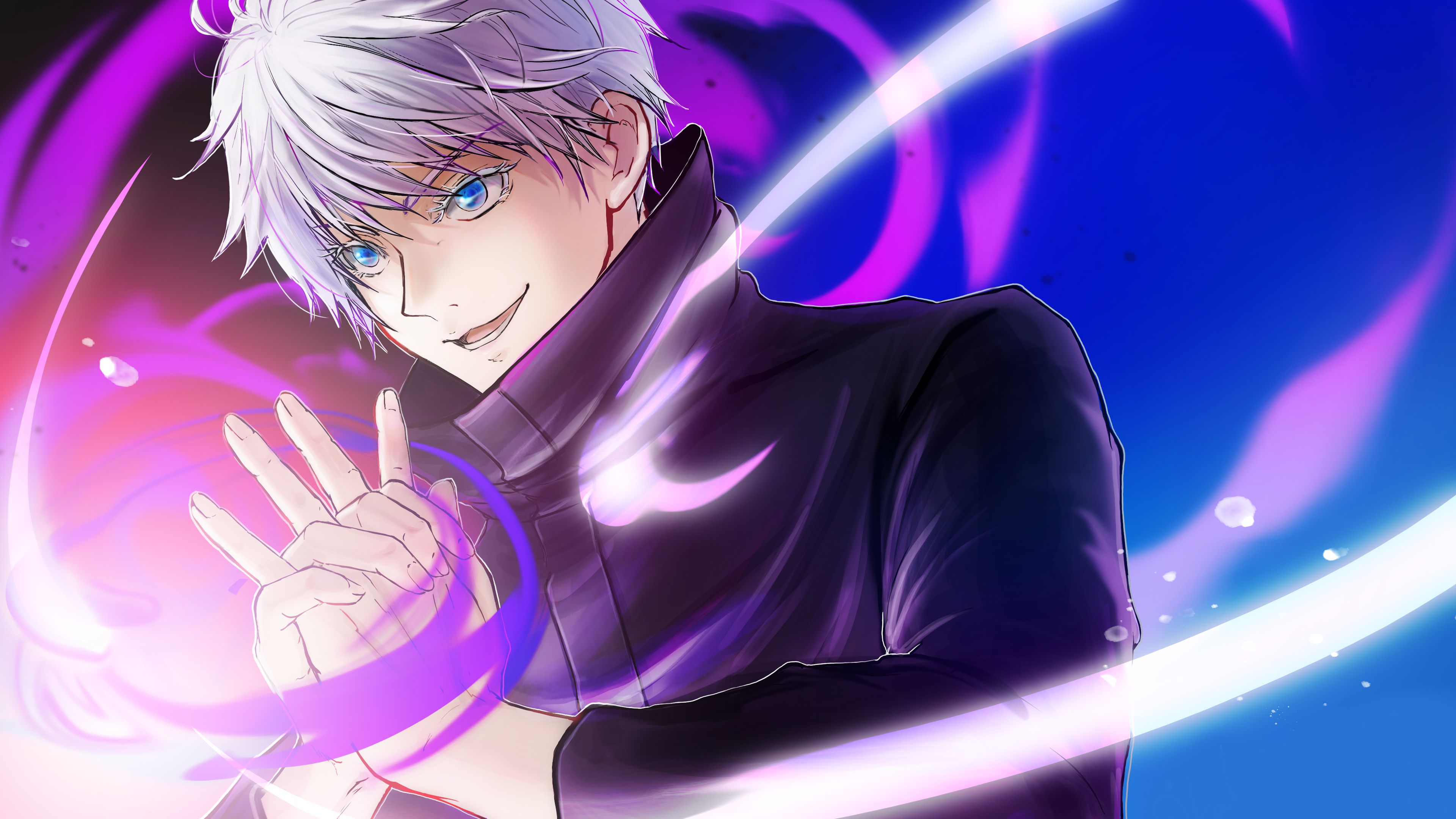 3840x2160 Blue Eyes White Hair Satoru Gojo Purple Blue Background 4K HD Jujutsu Kaisen Wallpaper