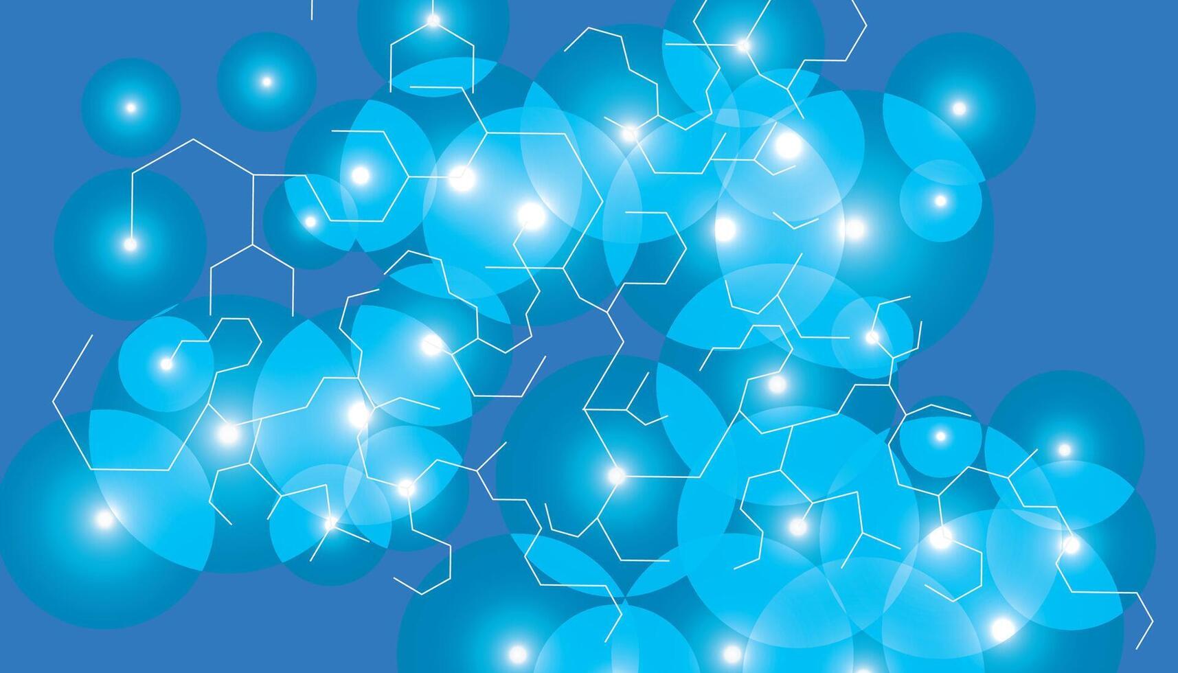 1715x980 Abstract blue background, with overlapping circular, shapes and white, interconnected chemical or, molecular structure lines, and glowing nodes