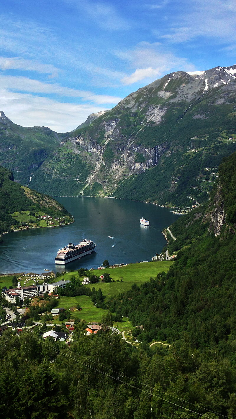 800x1422 Geiranger Fjord, Boat, K.T, Landscape, Nature, Norway, Travel, HD phone wallpaper
