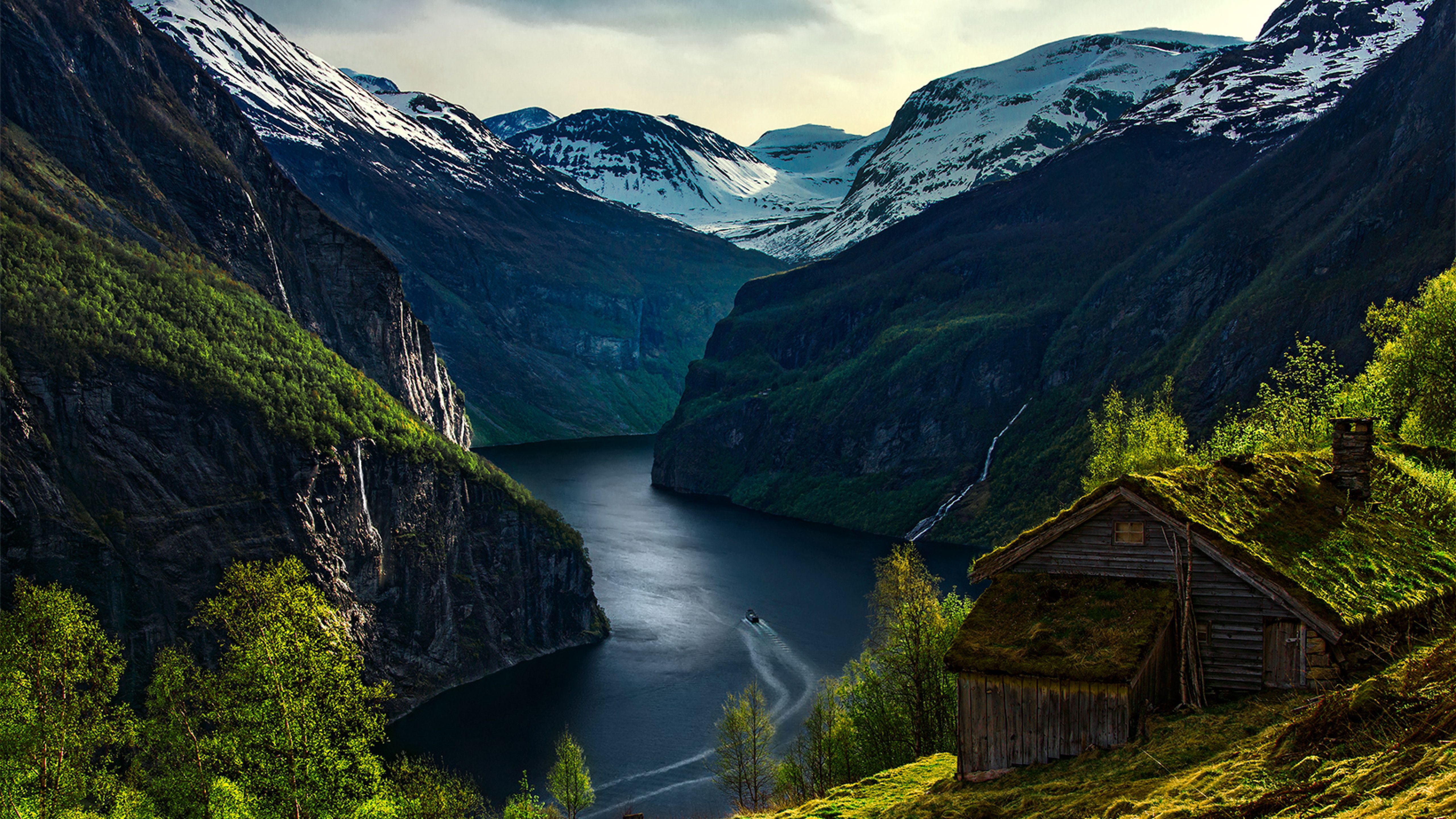 5120x2880 Wallpaper house, landscape, Norway, boat, House on Geiranger Fjord in Norway for mobile and desktop, section природа, resolution 5120x2880