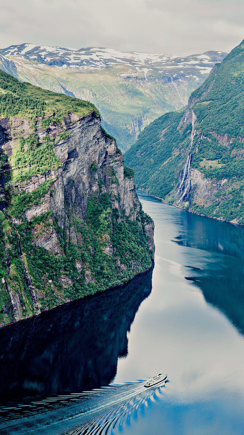 800x1422 Dramatic Nature, boat, fjord, geiranger norway, scenery, sea, HD phone wallpaper