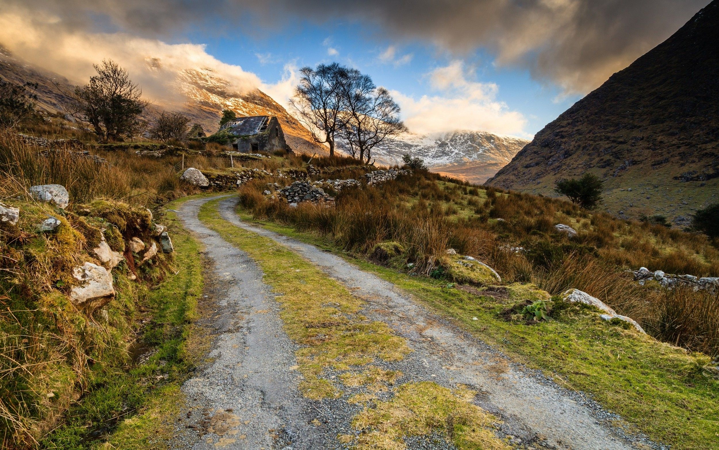 2500x1563 nature, Landscape, Abandoned, House, Old, Road, Mountain, Grass, Trees, Clouds, Snowy Peak, Ruin, Building, Shrubs, Stones Wallpaper HD / Desktop and Mobile Background