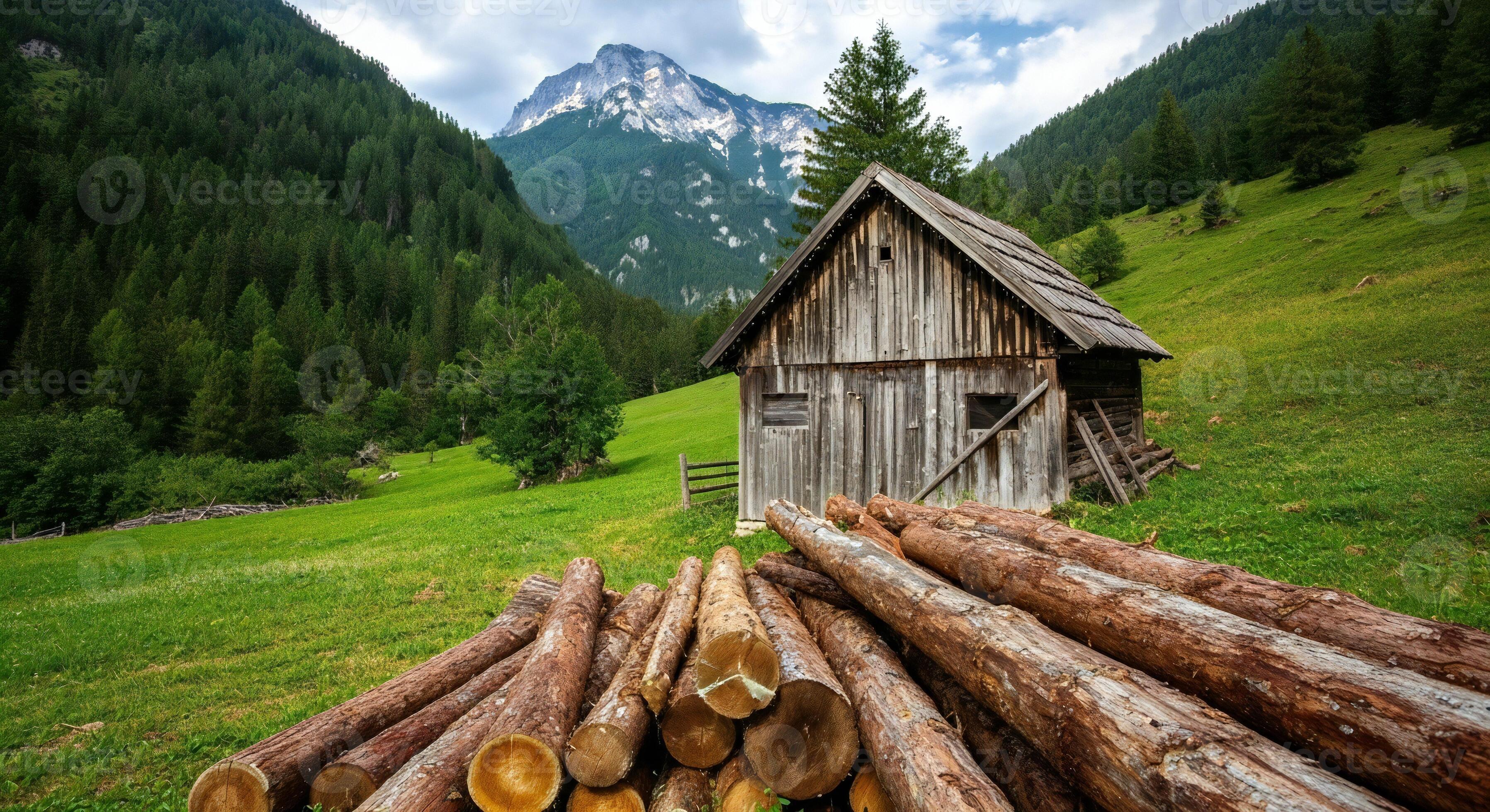 3593x1960 Nature background, Nature wallpaper, Rustic wooden cabin in a lush green alpine meadow with stacked logs and a majestic mountain peak