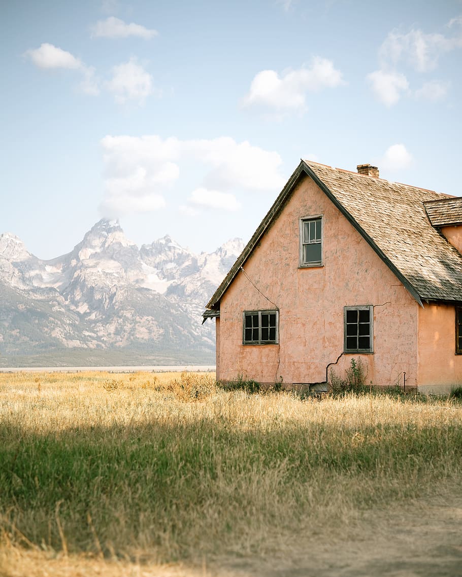 910x1138 HD wallpaper: house surrounded with grass, field, mountain, cloud, peak, window