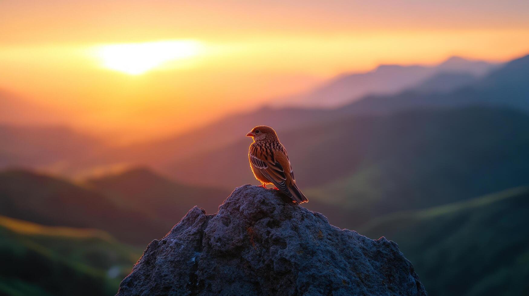 1749x980 A small bird perched on a mountain peak at sunrise
