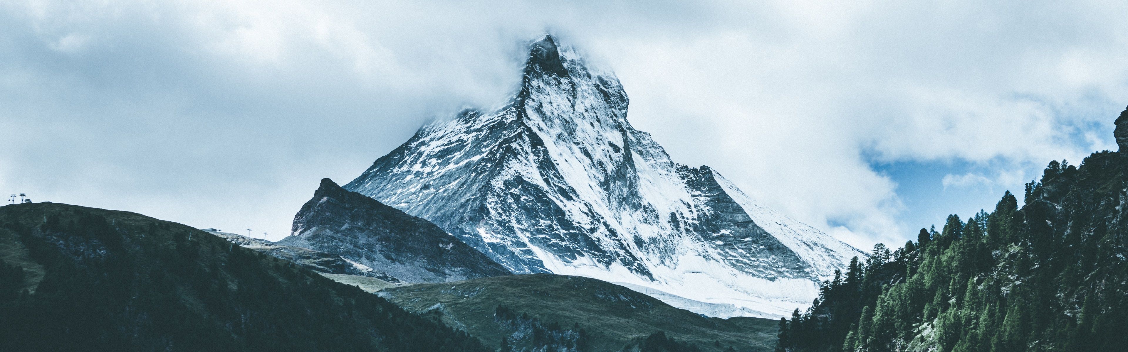 3840x1200 Wallpaper Mountains, peak, snowy, clouds, fog 3840x2160 UHD 4K Picture, Image