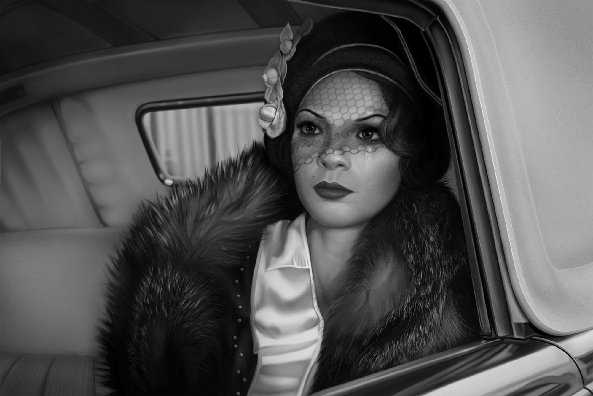 2000x1335 Wallpaper retro, black and white, window, art, veil, monochrome, fur, girl for mobile and desktop, section живопись, resolution 2000x1335
