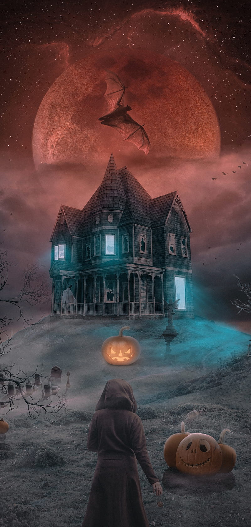 800x1675 Blood Moon, bloody moon, halloween, haunted, night, pumpkin, red moon, scary, HD phone wallpaper
