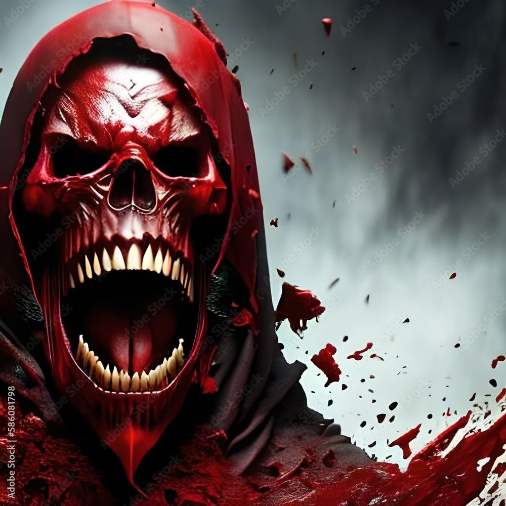 1000x1000 Bloody Red Robed Skull. Generative AI. Horror Wallpaper Stock Illustration