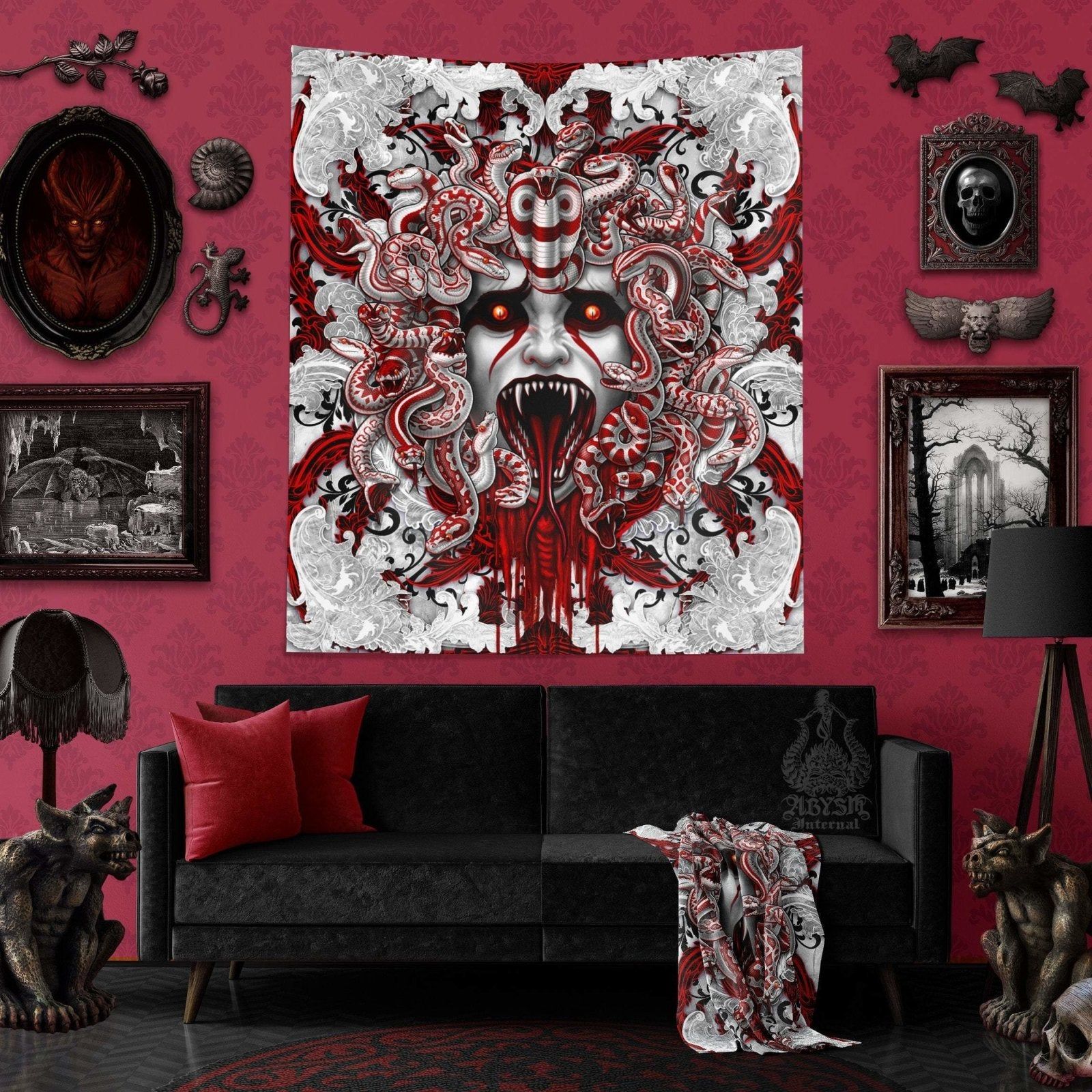 1600x1600 Medusa Gorgon Tapestry, White Goth Wall Hanging -, Skull 4 Faces, Bloody
