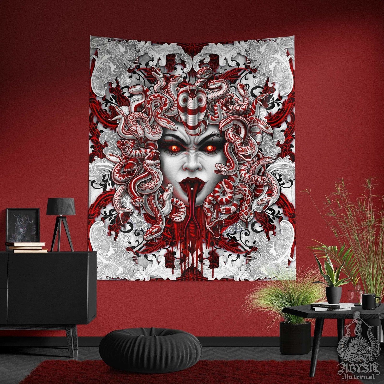 1600x1600 Medusa Gorgon Tapestry, White Goth Wall Hanging -, Skull 4 Faces, Bloody