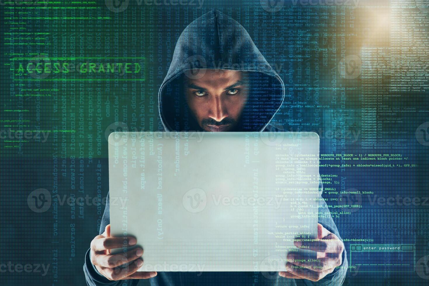 1469x980 Overlay, programming and portrait of hacker on laptop for coding virus, malware and information technology. Dark, user interface and person on computer for online crime, fraud and cybersecurity 76159400