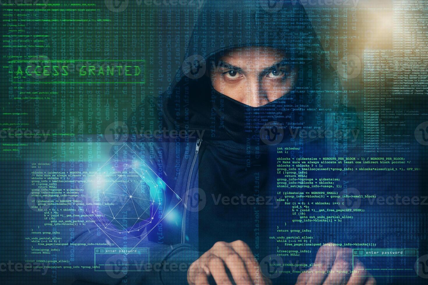 1469x980 Overlay, hacker and portrait of man for programming, coding and information technology in dark. Cybersecurity, computer interface and person with password for online crime, fraud and install virus 76159395