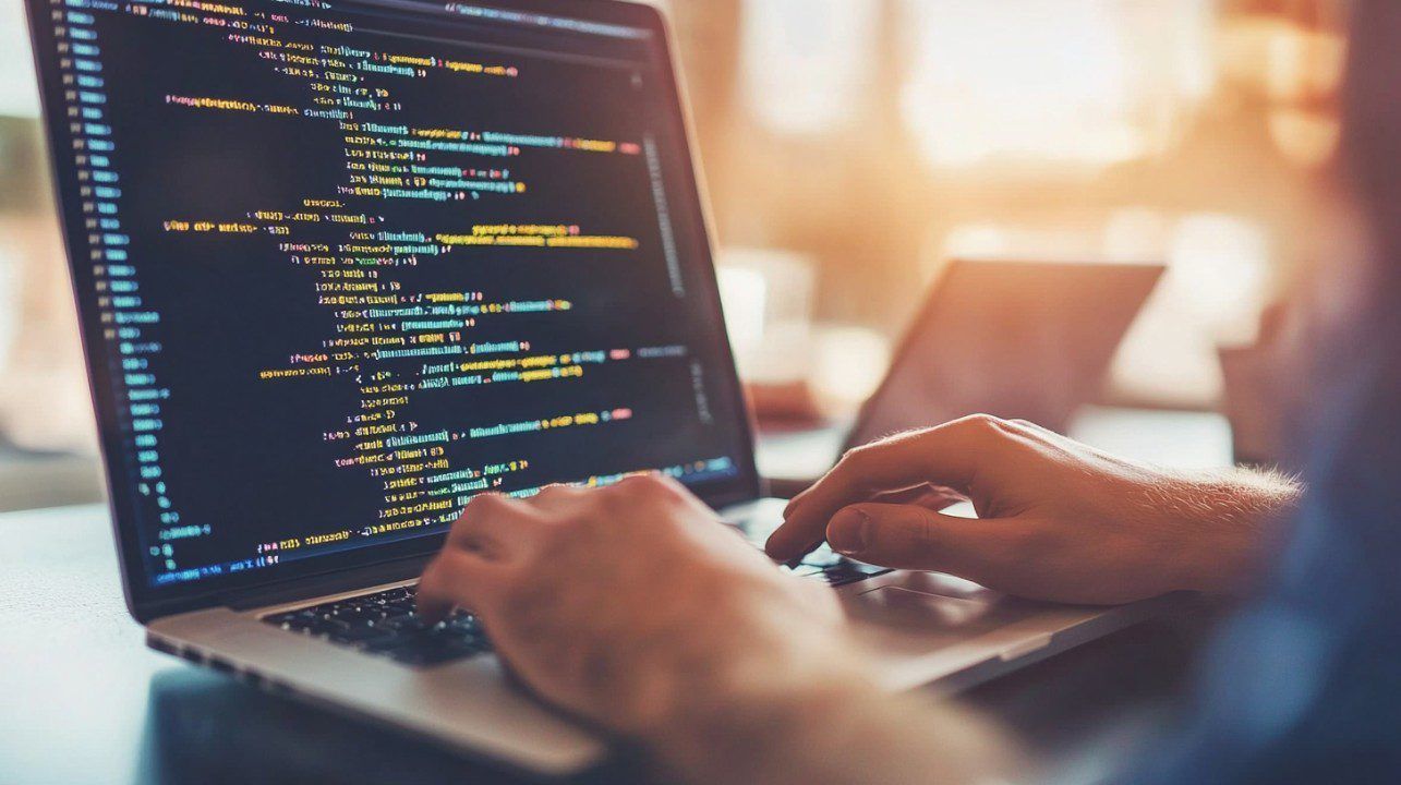 1285x720 Software Developer Coding on Laptop in Bright Workspace