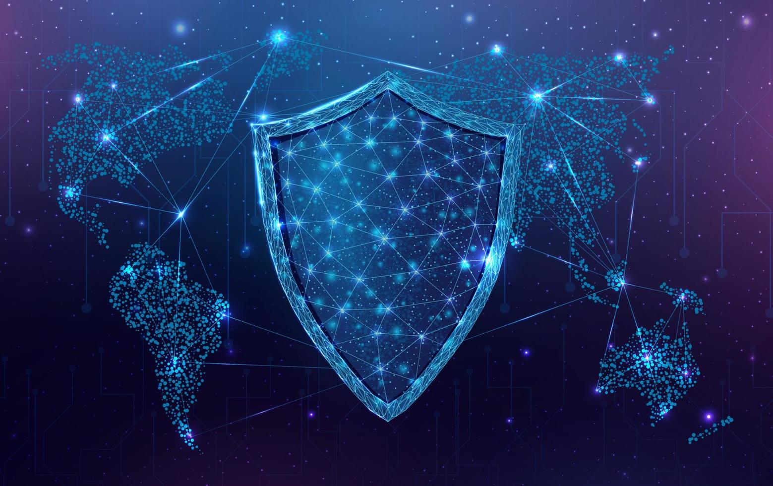 1559x980 Wireframe polygonal shield with globe map. Cyber security, world protection concept with glowing low poly guard. Futuristic modern abstract background