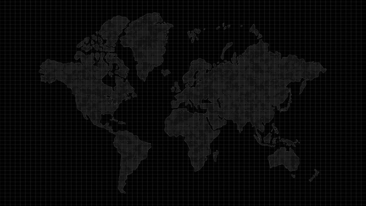 1244x700 Digital tech map animation on halftone effect, futuristic world map animation suitable as a background for virtual worlds, networking links, holograms, and cyber security