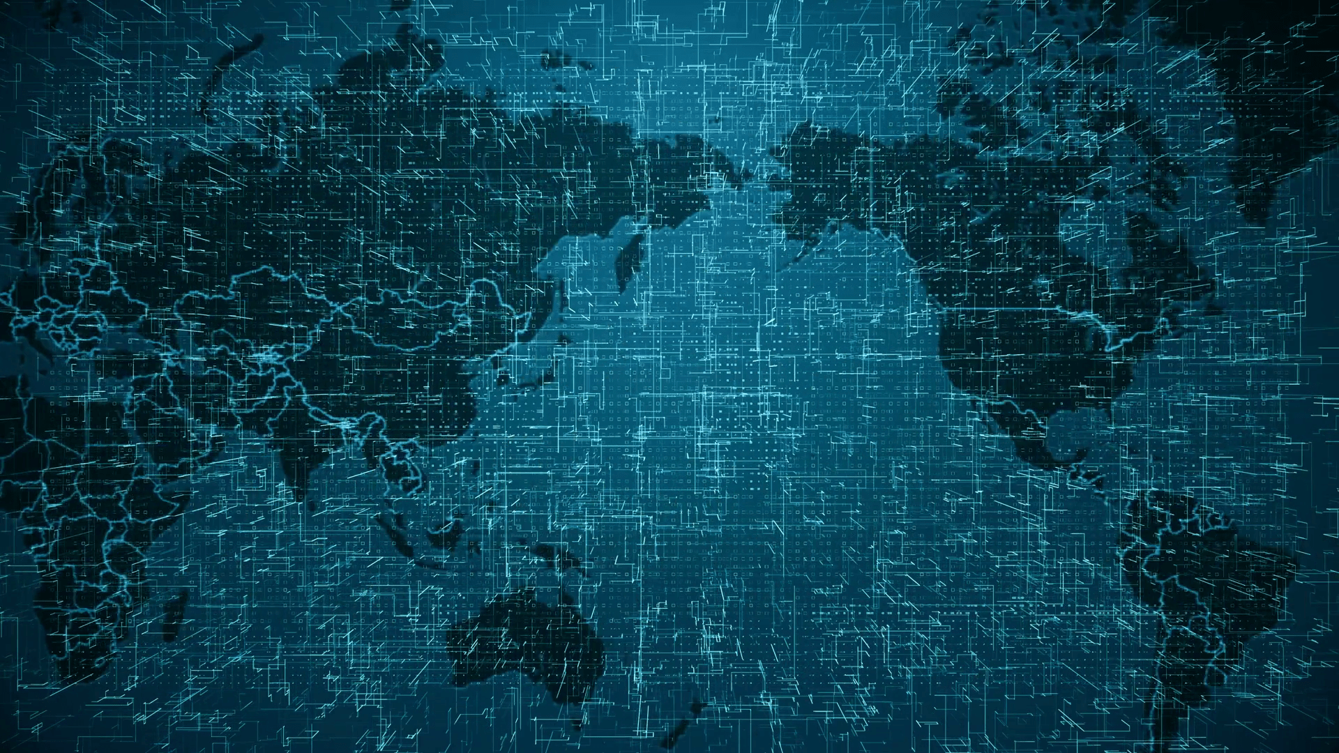 1920x1080 Global Technology Map: Digital World with Blue Circuitry, AI, and Cyber Network for Data and Cloud Computing