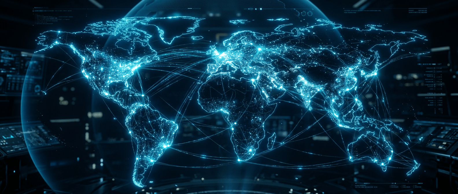1584x672 Futuristic World Map with Glowing Data Nodes & Interconnected Lines
