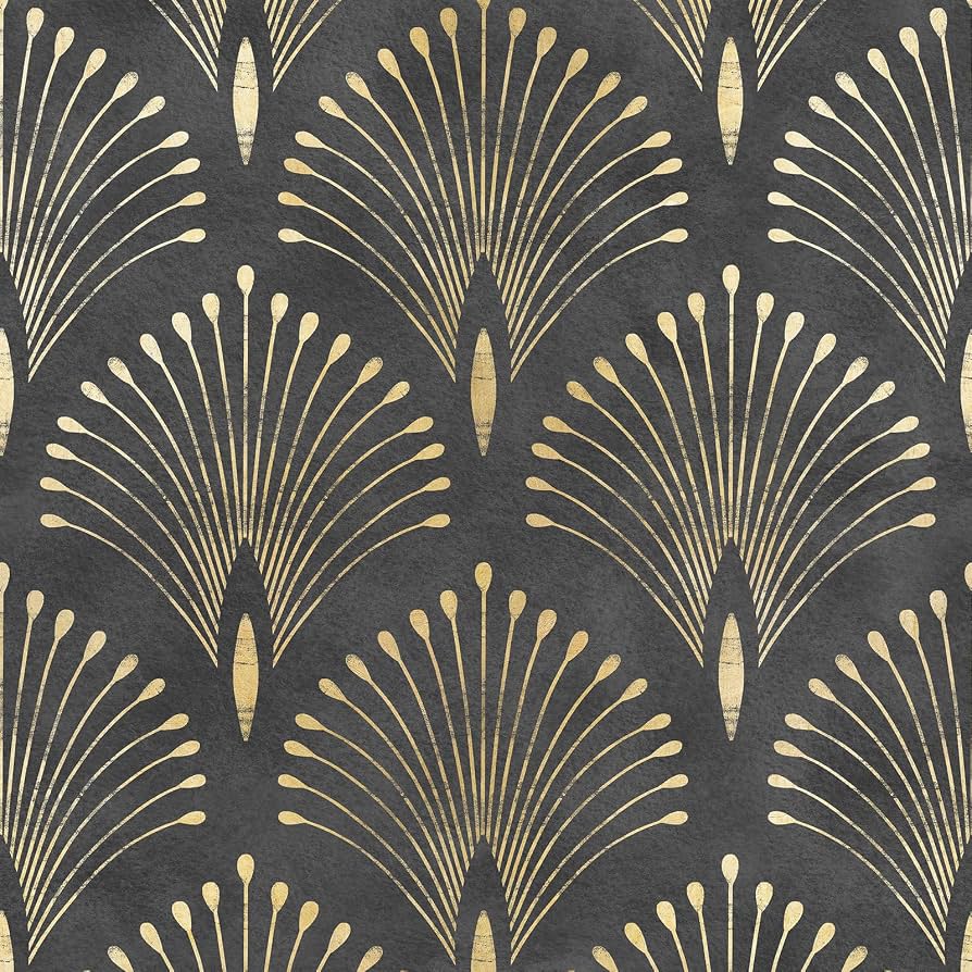 894x894 Livelynine Black Gold Art Deco Wallpaper Peel and Stick Dark Peacock Feather Accent Wall Paper Self Adhesive Modern Abstract Luxury Black Metallic Gold Removable Contact Paper Waterproof 17.5x78.8