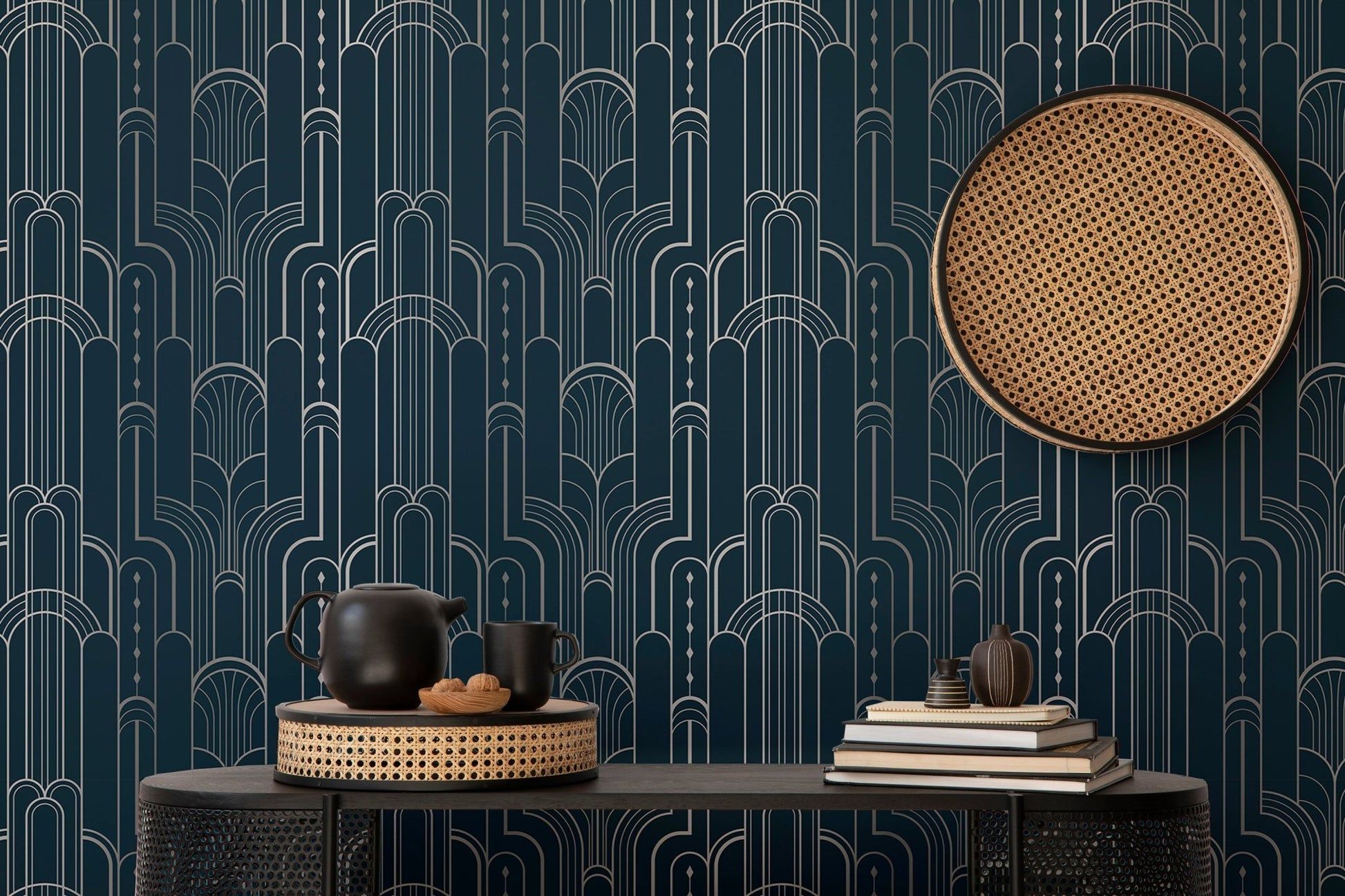 1946x1297 Secure Navy Blue and Silver Art Deco Wallpaper