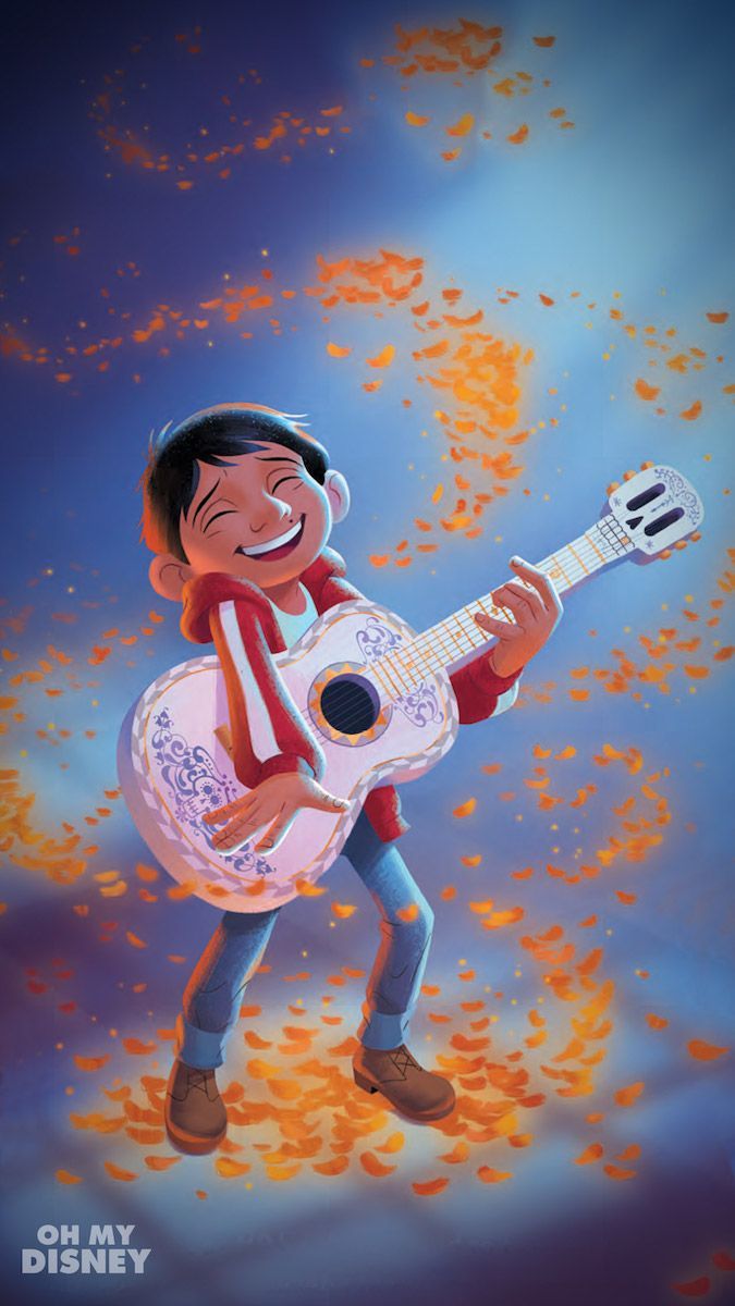 675x1200 Miguel Rivera playing Hector's guitar with magic flower petals from Coco