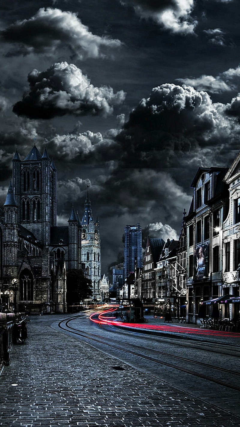800x1422 Night city, bonito, black, buildings, church, colorful, dark, nature, town, HD phone wallpaper