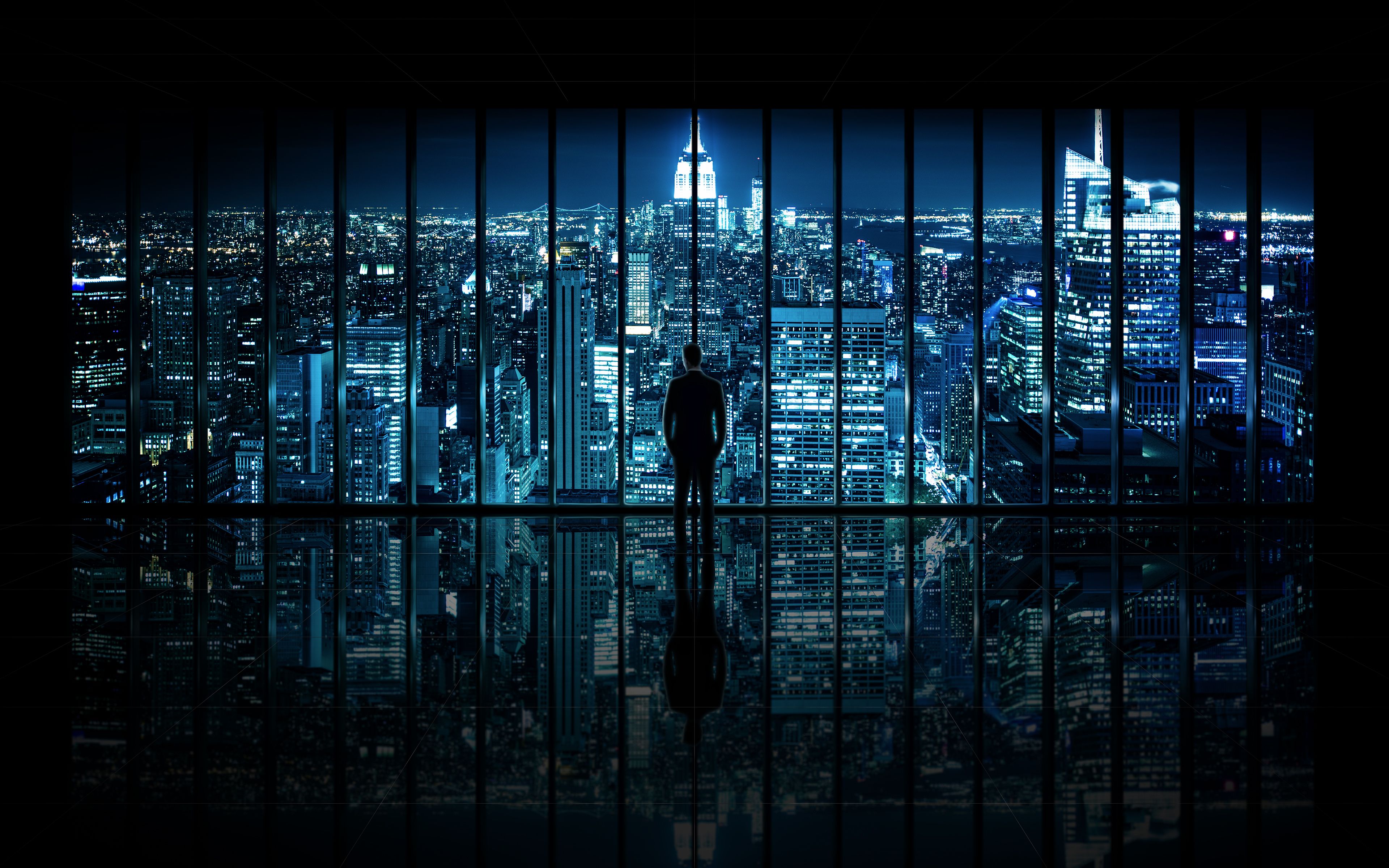 3840x2400 Wallpaper night, the city, view, window, male, The Dark Knight, New York City, Window to Gotham City for mobile and desktop, section город, resolution 3840x2400