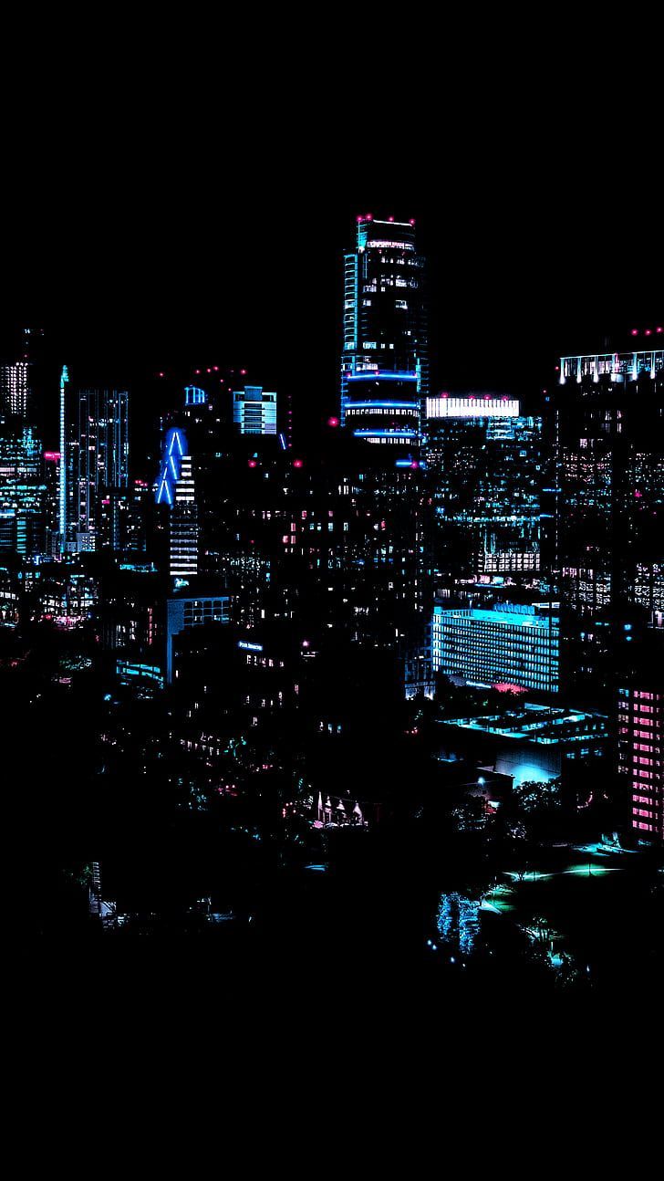 728x1294 HD wallpaper: city, night, dark, building, lights, blue, city lights, vertical