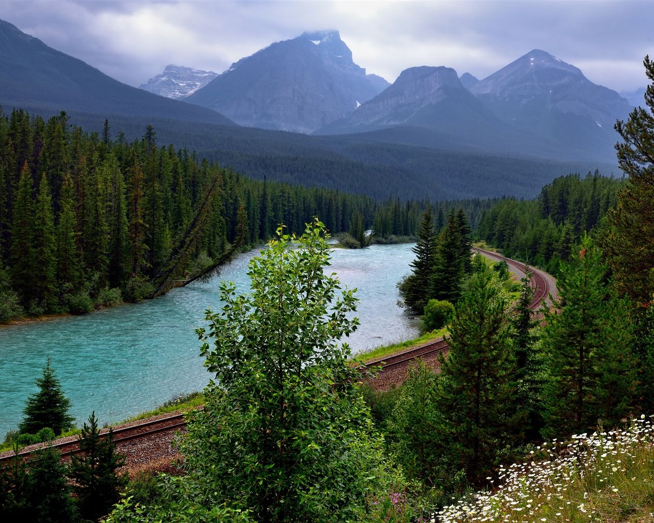 1280x1024 Canada Mountains Railroad River Nature HD Wallpaper