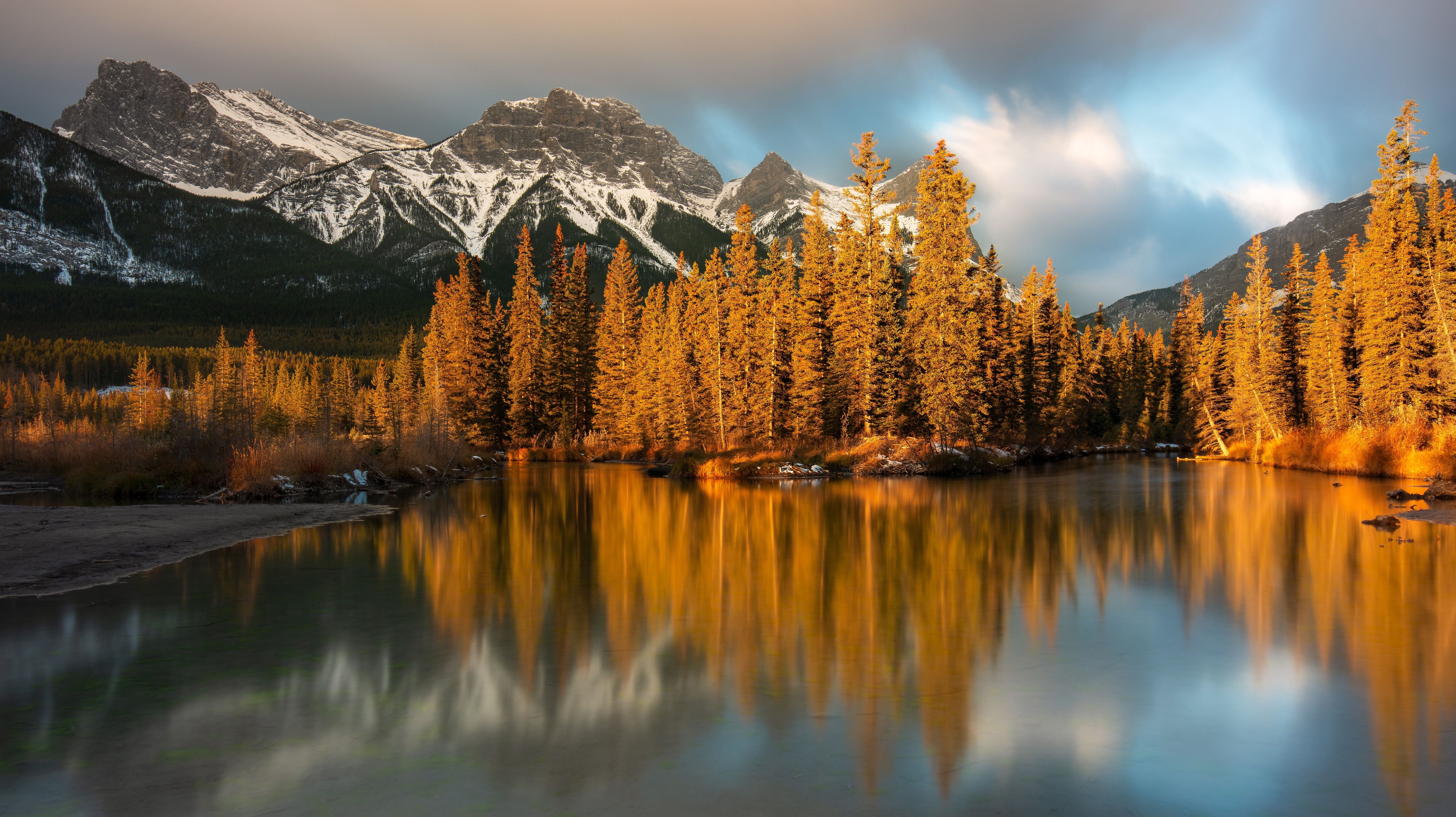 5574x3126 Desktop wallpaper: Mountains, Canada, Earth, Mountain, Alberta, Canadian Rockies, Fall, Forest, Reflection, River 4K free download for PC. 486435