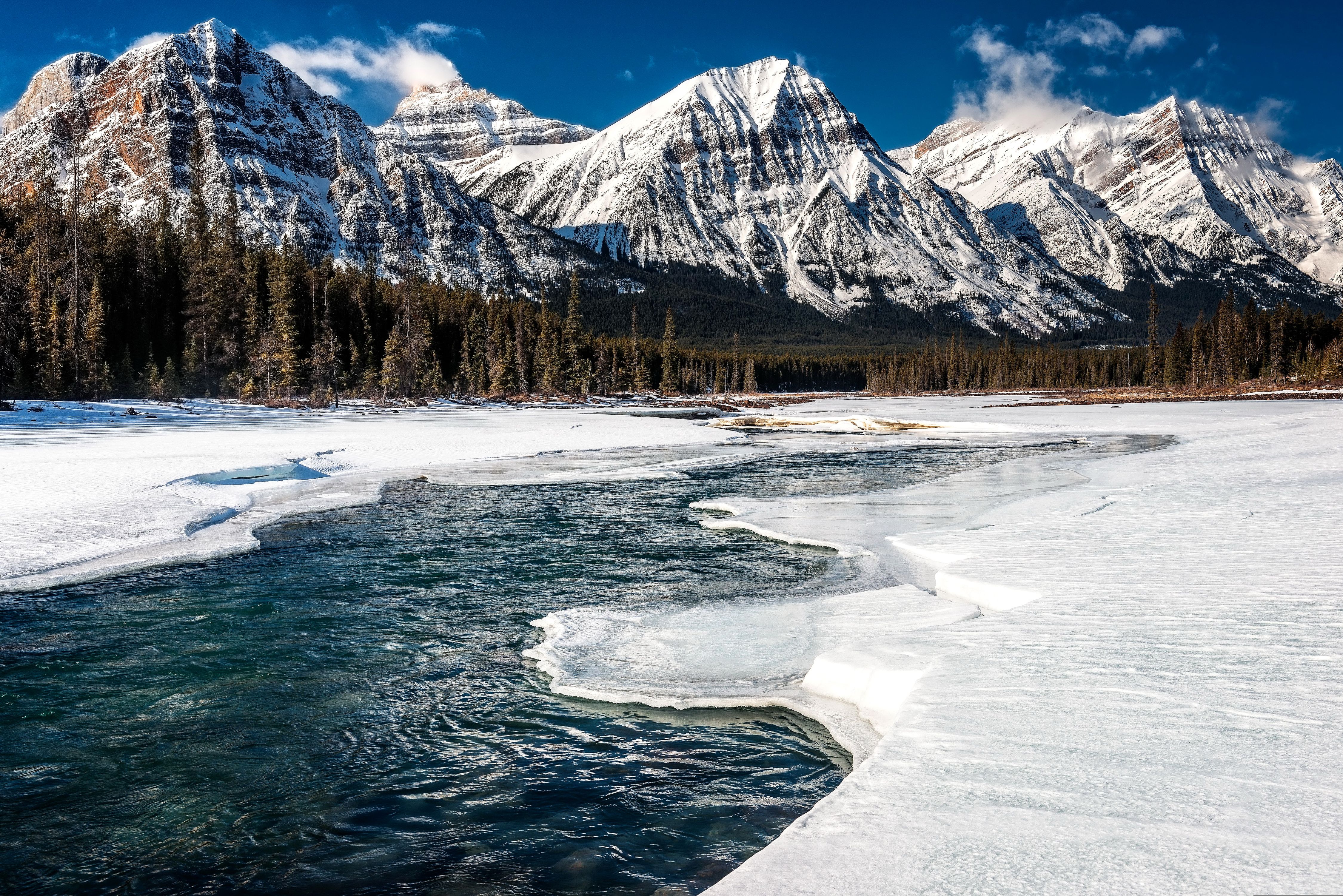 4500x3003 Wallpaper ice, winter, forest, snow, mountains, river, Canada, Alberta for mobile and desktop, section пейзажи, resolution 4500x3003
