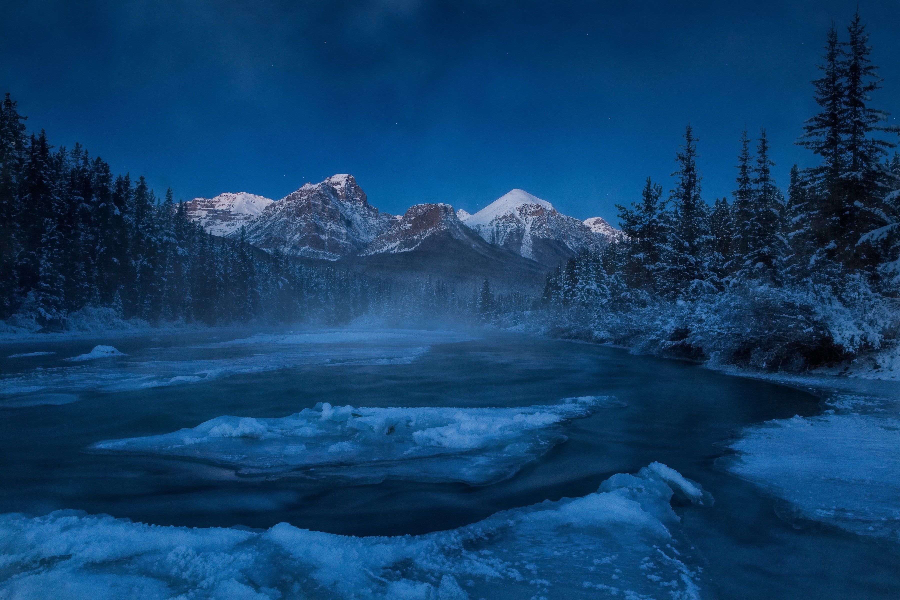 3600x2400 alberta, Canada, Rocky, Mountains, River, Mountain, Forest, Winter, Ice, Floes Wallpaper HD / Desktop and Mobile Background