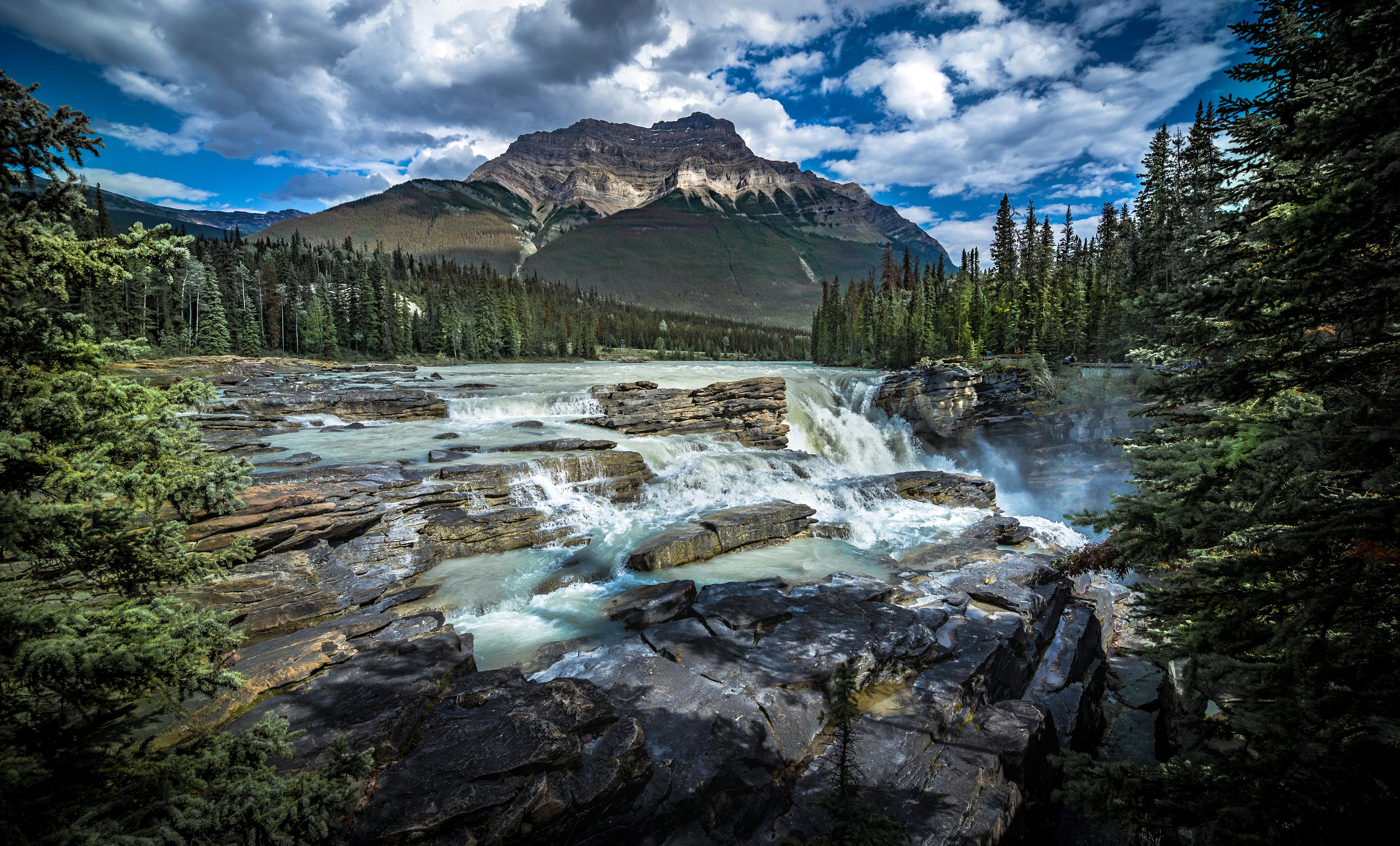 5945x3591 Desktop wallpaper: Canadian Rockies, Athabasca Falls, Alberta, Earth, River, Canada, Jasper National Park, Mountain, Waterfall 4K free download for PC. 1005876
