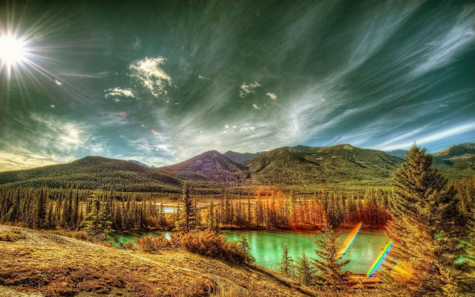 1920x1200 landscape, Nature, Canada, Mountain, Forest, Clouds, River, Sun Rays, Trees, HDR Wallpaper HD / Desktop and Mobile Background