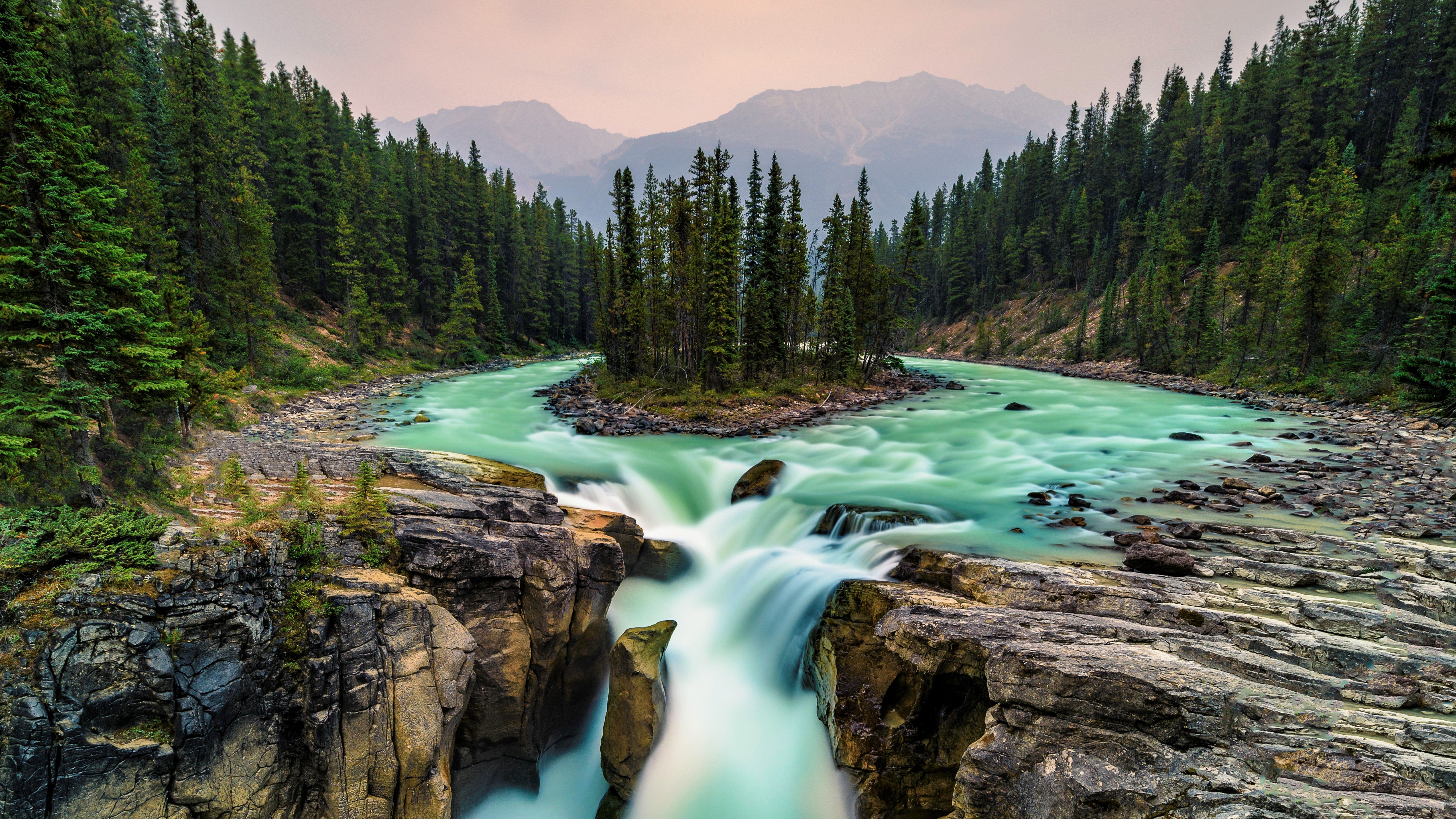 5108x2873 Desktop wallpaper: Canada, Mountain, River, Waterfalls, Earth, Waterfall, Forest, Jasper National Park 4K free download for PC. 436464